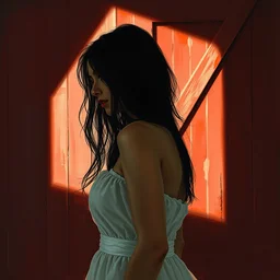 a young woman in!! the shadow! of a red barn!. black hair, white! dress. paint brush strokes, cinematic light, american romanticism by hans dahl, by jesper ejsing, by anders zorn, by greg rutkowski, by greg manchess, by tyler edlin