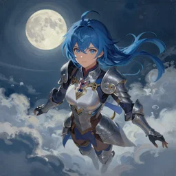 painting by krenz cushart, portrait of a charming luna warrior wearing armor with blue hair, floating in the cloud under the moonlight, finely detailed features, intricate brush strokes, beautiful lighting, trending on pixiv fanbox.