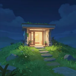 modern building entrance on top of a grass mountain at night, artstation, game background