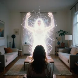 photograph of strange presence radiating esoteric energy in modernist living room, crisp focus, backlit woman in foreground, highly detailed, in hipgnosis style, 3 5 mm ektachrome