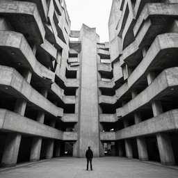 a man lost in the middle of concrete brutalist massive architecture, symmetric by zdzislaw beksinski