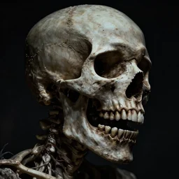 a dark morbid portrait of an ancient skull with teeth and a twisted spine filled with pain and agony, mystic and mysterious