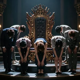 group of people bowing down to an empty throne, dramatic lighting, cinematic scene