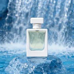 centered white perfume standing on top of a clear, blue, waterfall, clean, surreal photography, illumination lighting, sharp focus, vogue
