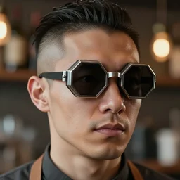 incredibly realistic, too detailed face of a barista dude, viking undercut, hexagon goggles, octane render, bump mapping, macro image, global illumination, 8 k, bokeh, enki bilal, yuji himukai, jen zee, peter mohrbacher