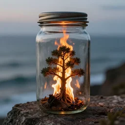 glass jar with a miniature burning tree inside, standing on a cliff, bokeh, ocean in the background, metal lid, dramatic lighting, hyperrealistic, volumentric lighting, highly detailed