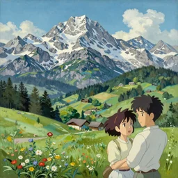 A beautiful landscape painting of the swiss alps by Alfons Maria Mucha and Julie Dillon and Makoto Shinkai