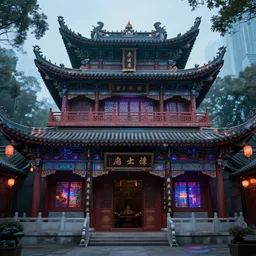 a chinese temple with cyberpunk enhancements