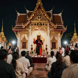 a hd colored vhs footage of a view of a horror devil exorcism in thai temple, night scene with flash, scene, highly detailed, vhs footage