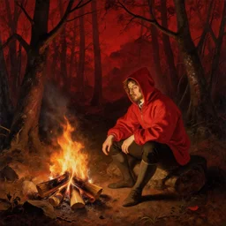 a 17th century painting of a man in a red hoodie sitting next to a campfire in a dark bloody red forest