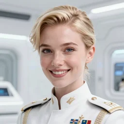 bright white sci-fi utopia, close-up portrait of beautiful blonde military woman smiling, award-winning digital art, unreal engine, illustration