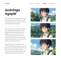 anime webpage design, text paragraphs in left, illustration images on the right column