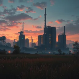a beautiful photorealistic painting of city architecture industrial architecture nature urbex abandoned oases building by ludwig mies van der rohe, meadow bladerunner 2 0 4 9 neon noir laser cyberpunk at dusk synthwave sunset forest myst at night nightsky, archdaily, wallpaper, highly detailed, trending on artstation.