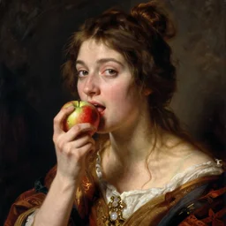 Woman eating apple in painting by Rossetti in Pre-Raphaelite style