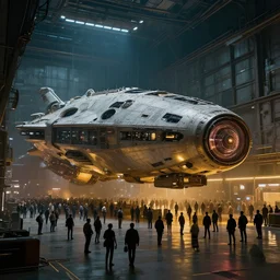 huge transportation spacecraft in a massive hangar with masses of people getting in, cyberpunk, moody, luminescent, rule of thirds, golden ratio, ambient lighting, syd mead, greg rutkowski, wlop, artgerm, artstation, highly detailed masterpiece
