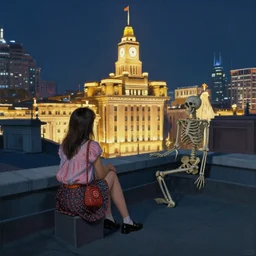 a small rooftop with a girl and a skeleton sitting and watching the view, wearing moder clothes by ganni, modern shanghai bund is on the background, night, by edward hopper, by gregory crewdson