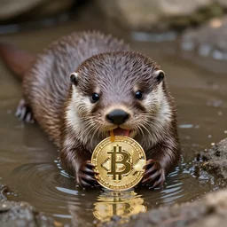 otter eating a bitcoin in sewage water, 4 k, hd, centered