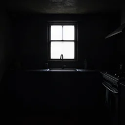 flat light, low key light, ambient occlusion, black black black dark dark dark, underexposed photography, dark underground kitchen, windowless