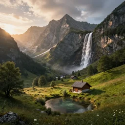 a beautiful fantasy landscape, mountain in background, a waterfall in the mountains, little cottage, small pond, some trees in the corner, sunrise, hyper realism, artgem, art by philipp urlich