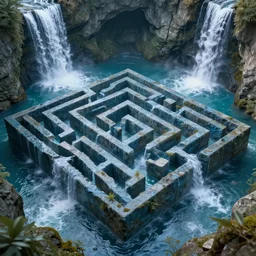 a stylized maze made of wate, deep underground waterfalls, photo real, ultra detailed, 8 k render