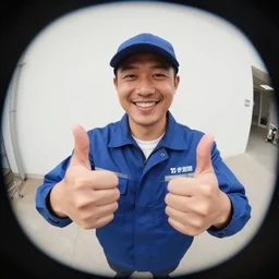 kfum worker smiling and giving a thums up out doors. fisheye lens