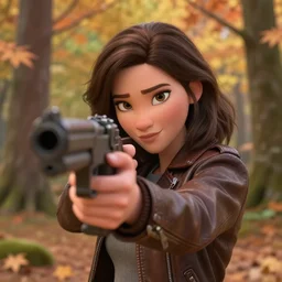 stunning!!! disney - like!!! close up on a young adult woman in a leather jacket in a maple forest pointing a machine gun at the lens, disney pixar movie still, high detail, natural light, ray tracing, trending on artstation, 4 k, ultra hd, blu ray