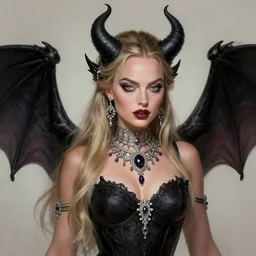 Margot Robbie as a Demon, Bat Wings, cute, fantasy, intricate, elegant, highly detailed, digital painting, 4k, HDR, concept art, detailed jewelry, smooth, sharp focus, head and waist potrait, art by Artgerm and H R Giger and Greg Rutkowski and Alphonse Mucha