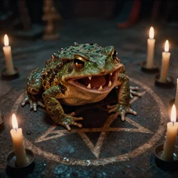 a toad with sharp teeth grinning maniacally, a satanic ritual with candles and a pentagram, movie screenshot directed by Tim Burton. Shot from a high angle. Cinematic. 24mm lens, 35mm film, Fujifilm Reala, f8
