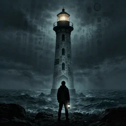lighthouse in the middle of the ocean, covered in silent hill style sigils, horror, person standing with a lantern centered in the foreground, spooky, scary