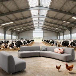 interior view of modern futuristic farm barn architecture, cows laying down on sofas and pigs and chickens sitting in lounge chairs, modern interior design, throw pillows, areas rugs, feed troughs, hay, detailed luminescent oil painting 4 k