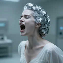 cinestill 5 0 d portrait of a beautiful dreamy woman by annie liebovitz, screaming in a dystopian mental hosptital room, pale silver tonal glossy, hair intricate style, wearing white dress, elegant, highly detailed, soft foggy blur, artstation, sharp focus, head in focus,