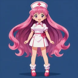 anime style, vivid, expressive, full body, 4 k, painting, a cute magical girl with a long wavy hair wearing a nurse outfit, correct proportions, realistic light and shadow effects, neon lights, centered, simple background, studio ghibly makoto shinkai yuji yamaguchi