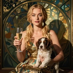 cinematic lighting. blonde margot robbie with pigtails with glass of champagne in her hand and a spaniel puppy on her lap. art nouveau. art by mucha