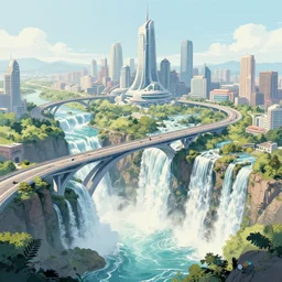 A beautiful illustration of a futuristic city of bridges built on a world of waterfalls by Robert McCall and Ralph McQuarrie | Graphic Novel, Visual Novel, Colored Pencil, Comic Book:.6 | unreal engine:.3 | | viewed from above | establishing shot:.7