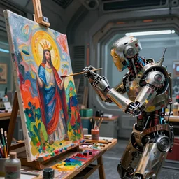 photo of futuristic holy futuristic cyborg - robot - photographer photographing a canvas with acrylic paint and brushes in a futuristic artist studio by h. r giger, by, rich deep colors. masterpiece, intricate artwork by tooth wu and wlop and beeple, gaspar noe, james cameron,