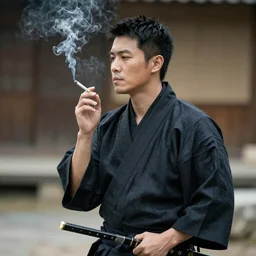 a samurai smoking a cigarette