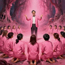 a picture of a happy salesman at a alter speaking to a crowd of kneeling worshipers in pink, a detailed matte painting by mort kunstler, pixiv, kitsch movement, hellish background, movie poster, official art