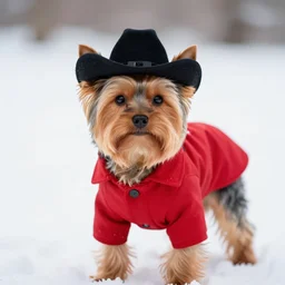 a portrait of a yorkshire dog wearing a red coat and a black cowboy hat in the snow, Sigma 85mm f/1.4, yorkshire dog, yorkshire