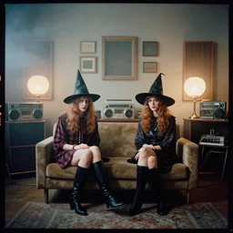 fujifilm velvia 5 0, wetplate, award - winning colour portrait : ( occult dadcore wizards and momcore witches ) in a bedroom recording studio, 1 9 6 0 s room, 1 9 6 0 s couch, retro hi - fi gear, retro audio gear, square picture frames, haze, concrete, shining lamps, 1 9 6 0 s metal furniture, smoke, fog