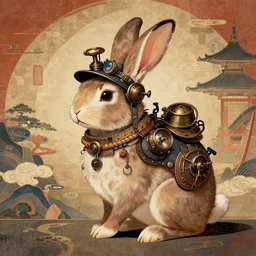 Steampunk rabbit, ancient Japanese art style