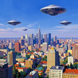 A wide angle exterior shot of a mysterious city with UFOs floating in the sky by zdzisław beksiński, colorfull, vibrant color, UHD 8k