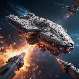 An epic beautiful 3D render of an ancient terrifying intricate alien mothership in space, destroying a futuristic spacestation with plasma weapons.  Bright explosions.  Colorful.  By Ken Fairclough and Dylan Cole, trending on artstation, award winning.  Cinematic, film screenshot directed by Christopher Nolan and Denis Villeneuve.  PBR, path tracing, octane render, highly detailed.