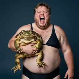 a leaked photo of a screaming, hairy, fat man wearing a swimsuit holding the worlds largest toad