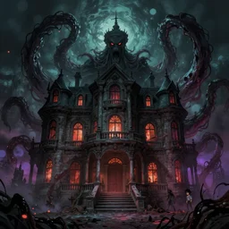 old mansion as evil creature in style of mansion o madness wallpaper, arkham horror, tentacles, evil fluid, dramatic, heroic, fear, insane, terrific, insane, lovecraft illustration, particles, by asher brown durand, by yoshitaka amano, fantasy digital art, colorfull, bokeh effect