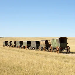 a wagon train of eight conestoga wagons