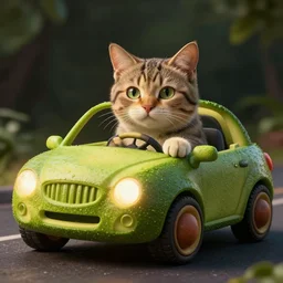photo realistic image of a cat driving a car made of avocado, stunning 3 d render inspired art by istvan sandorfi and greg rutkowski, perfect facial symmetry, realistic, highly detailed attributes and atmosphere, dim volumetric cinematic lighting