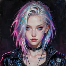 baroque oil painting character headshot portrait concept art, anime key visual of young female gang member girl very very anime!!! fine face, milla jovovich, realistic shaded perfect face, fine details. anime. realistic shaded lighting cyberpunk futuristic neon tattoos styled hair transmissive sheen film jacket decorated poster by ilya kuvshinov katsuhiro otomo ghost in the shell