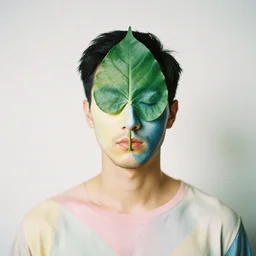 a fashion portrait photograph of a man with a leaf over his face designed by picasso, pastel colors, 3 5 mm, color film camera, studio lighting, pentax
