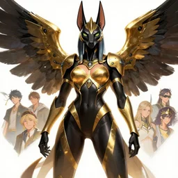 female anubis wearing black and gold cybertech armor with jet wings, buxom, wide hips, character art by stanley artgerm lau, wlop, rossdraws, james jean, andrei riabovitchev, marc simonetti, and sakimichan, trending on artstation