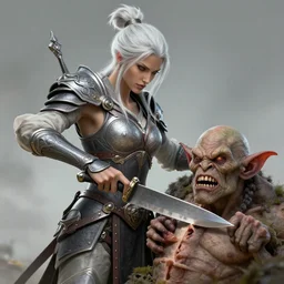 woman warrior slicing a goblin in half, deep focus, d & d, fantasy, intricate, elegant, highly detailed, digital painting, artstation, concept art, matte, sharp focus, illustration, hearthstone, art by artgerm and greg rutkowski and alphonse mucha